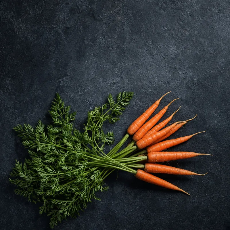 A bunch of fresh carrots with green tops on dark slate