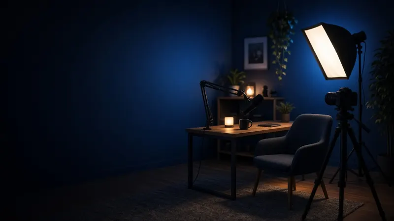 A small home video studio at night, with a softbox light, a camera on a tripod and a desk