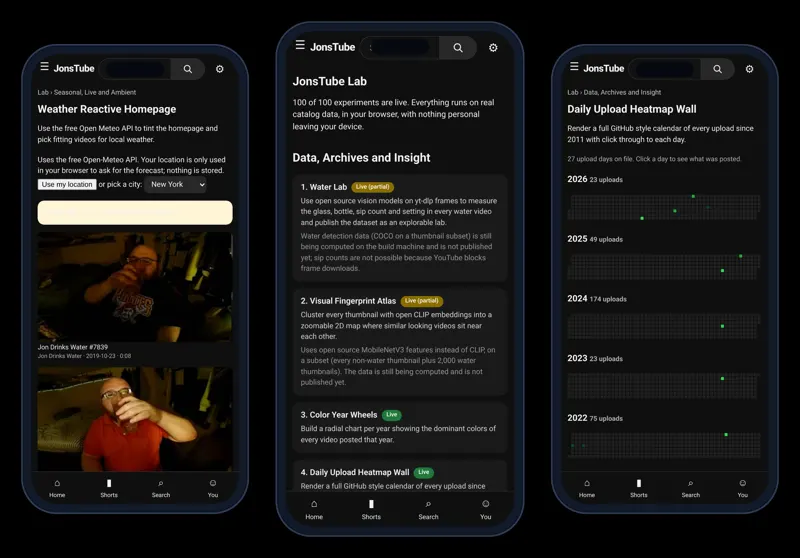 Three phones showing Lab experiments side by side