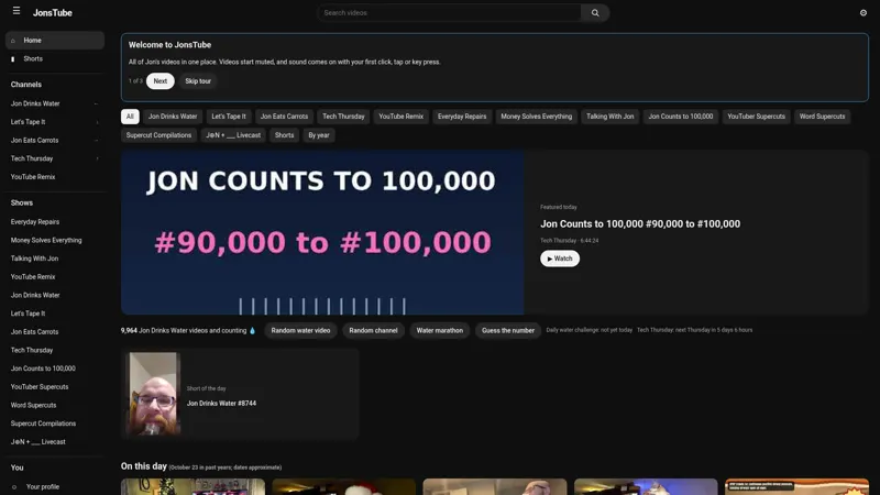 The full JonsTube video grid at /home, with every channel and show in the sidebar