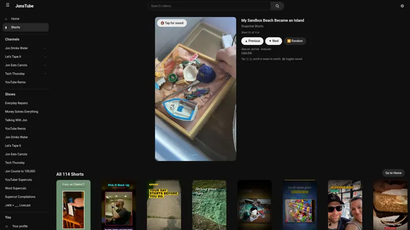 The JonsTube Shorts feed, showing all 114 network Shorts in a vertical player