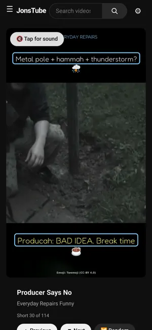 On a phone, the JonsTube Shorts feed, showing all 114 network Shorts in a vertical player
