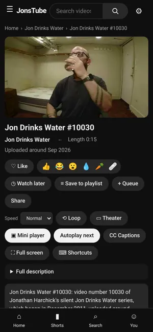 A JonsTube watch page with the video, its details and related videos